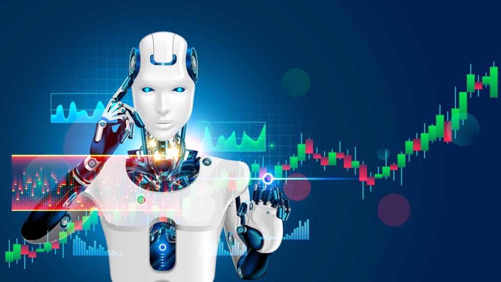 Trading Strategies: robot on trading graphs background