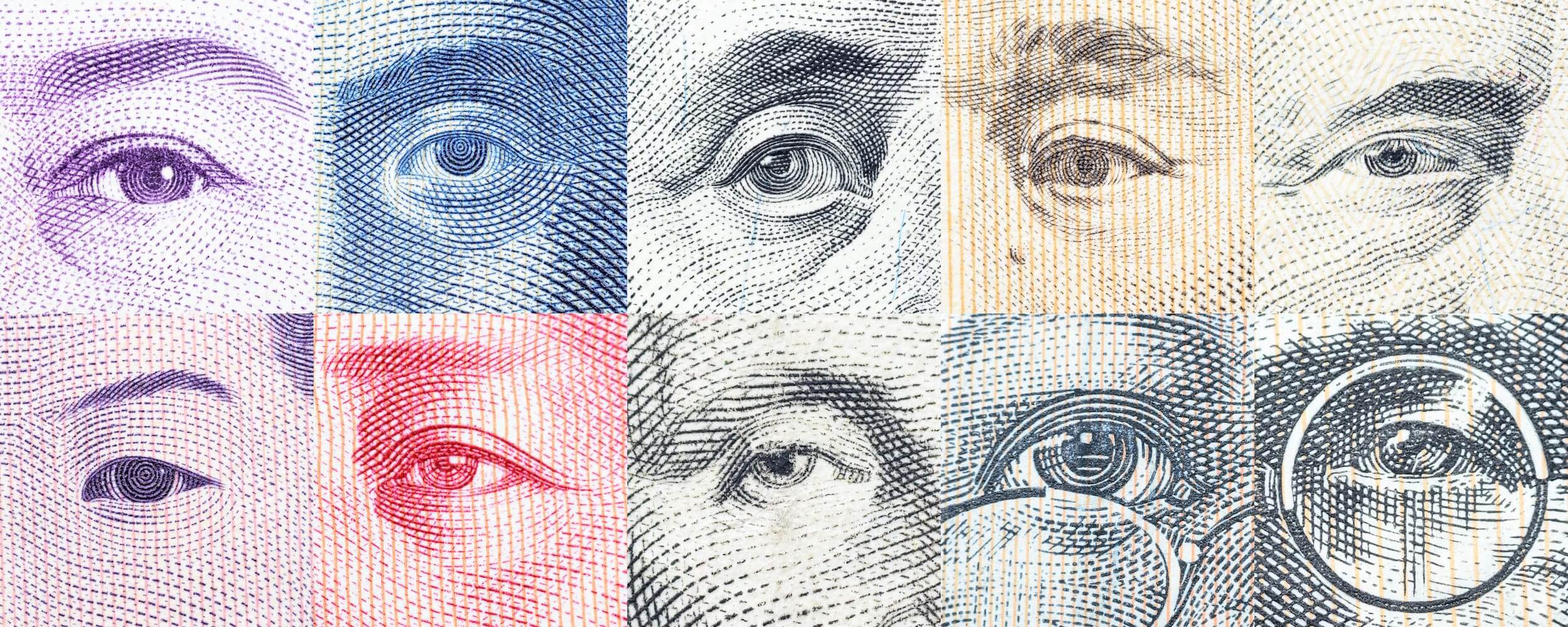 eyes of famous leader on banknotes, currencies of the global economies