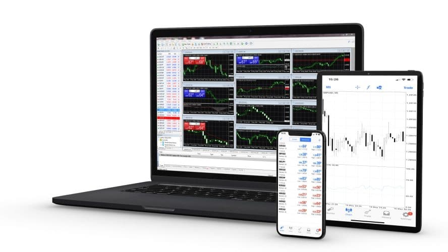 Opened laptop, tablet and mobile phone with working MetaTrader 4 platform